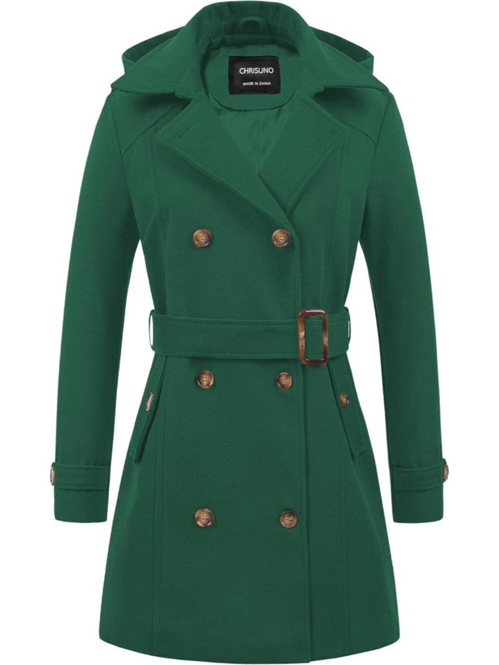 Women's Green Detachable Hood Long Double Breasted Belted Mid-Length Trench Coat